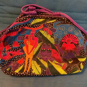 Laurel Burch Cats and Humans Multicolor Tote with 2 Wooden Charms